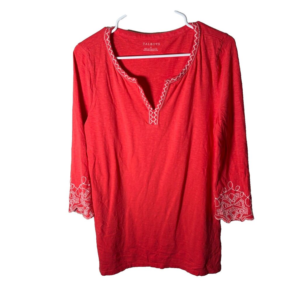 Talbots Blouse Women's Medium Cotton 3/4 Sleeve Lace Embroidered Casual